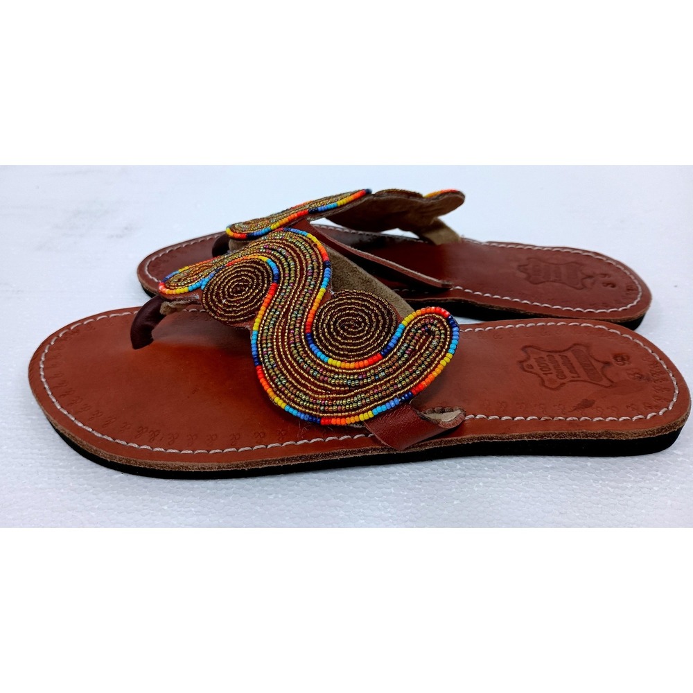 Handmade Beaded Leather Thong Sandals Womens 39 Brown Boho Festival Beach